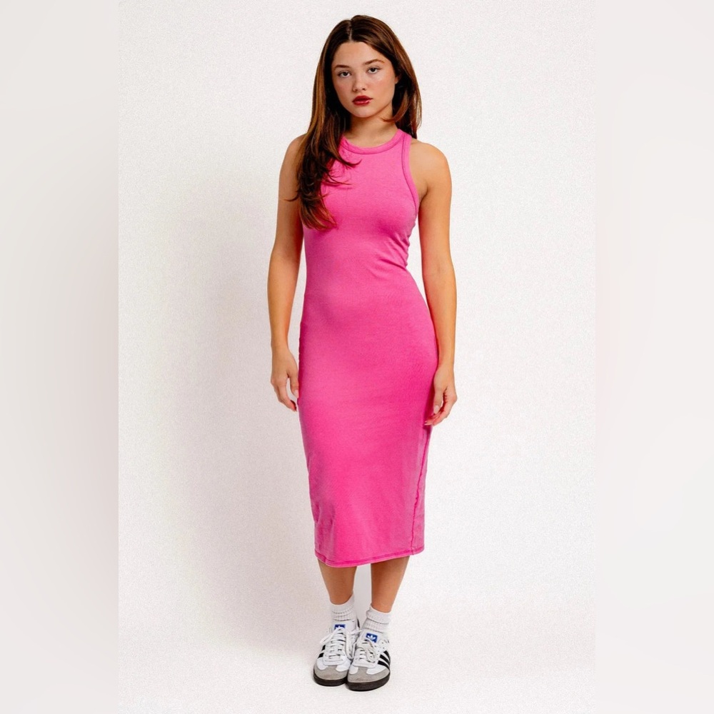 Pink Tank Top Crew Neck Midi Dress